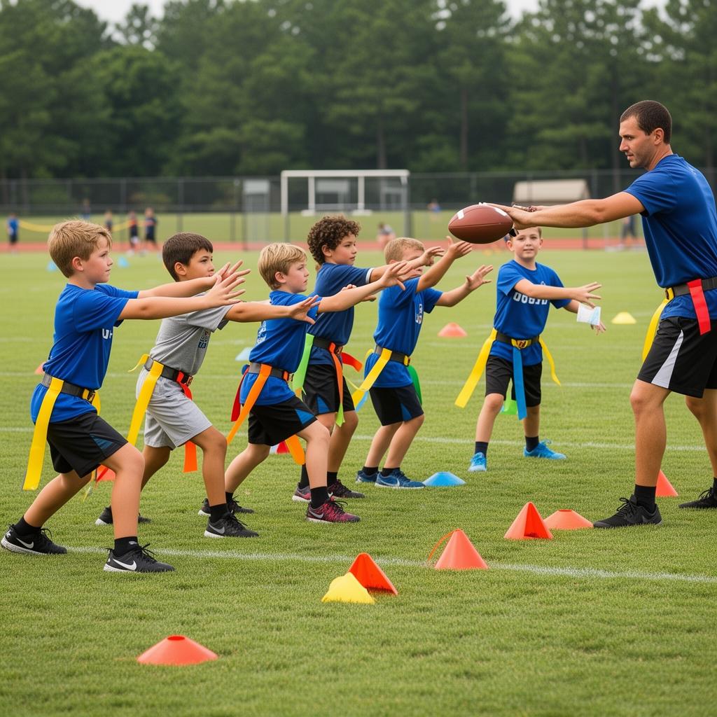 Youth flag football players practicing on a grass field with cones
